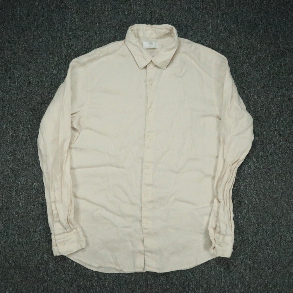 UNIQLO Shirt Mens Medium Beige Long Sleeve Linen Relaxed Button Up Casual